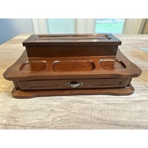 Vintage Wooden Valet Jewelry Box‎ Ring Organizer W/ Drawer Tray  London Leather
